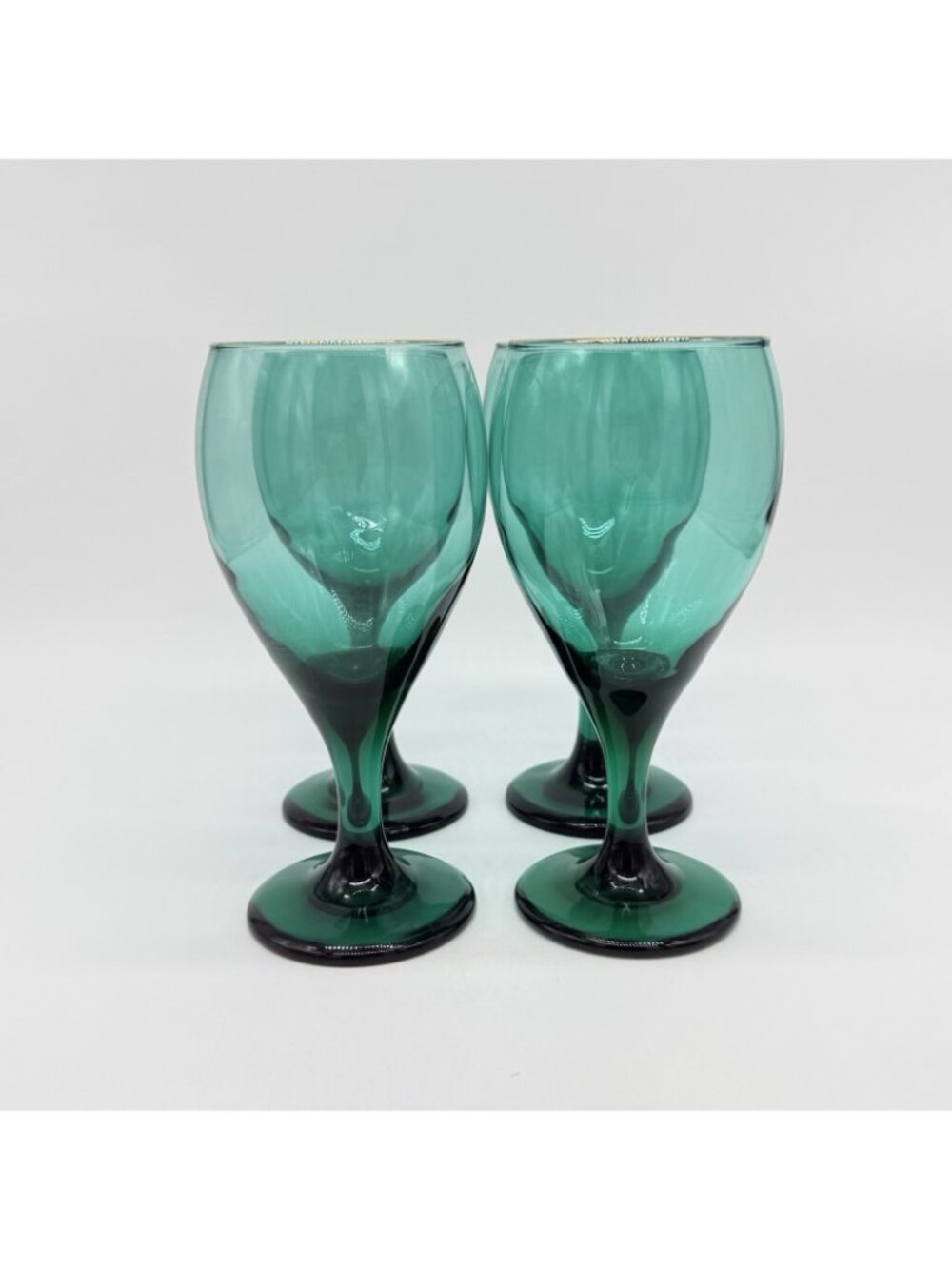 Vintage Set Of 4 Libbey Glass Juniper Green Teardrop Water Wine Goblets Gold Rim - Picture 2 of 8